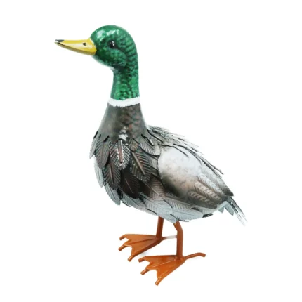 Front view of the Duck Metal Garden Ornament featuring a green head, yellow beak, and layered metal feathers.