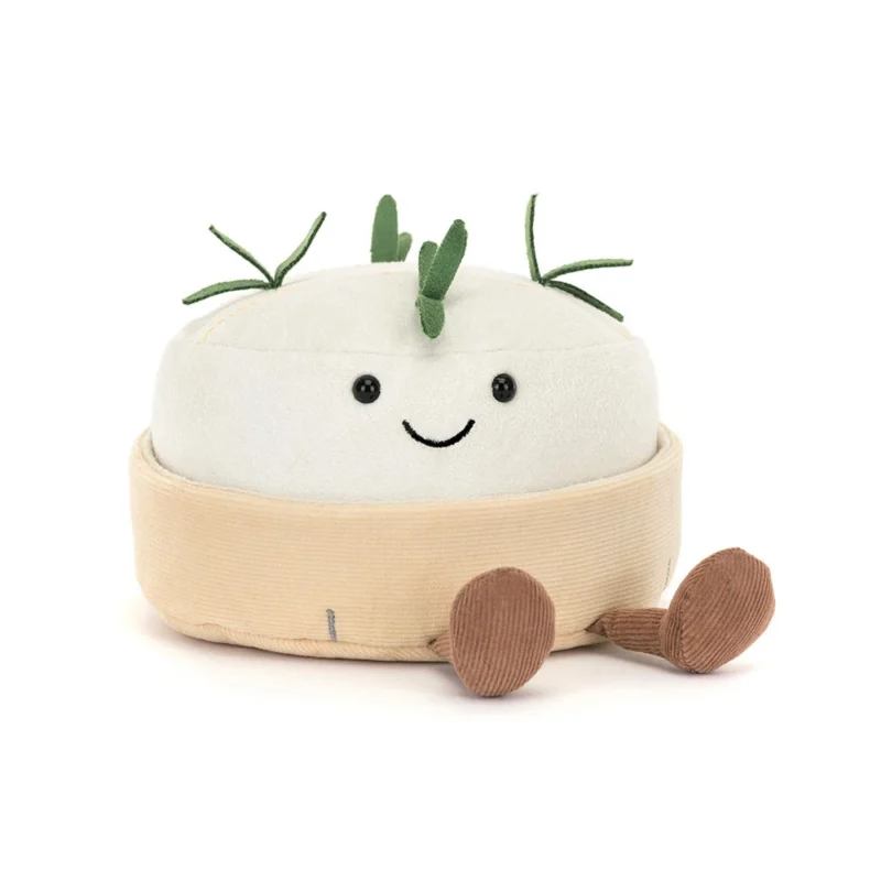 Front view of Jellycat Amuseable Camembert with stitched rind, rosemary tufts, and a soft smile.