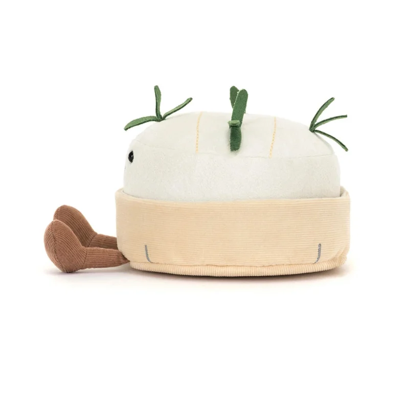Side view of Jellycat Amuseable Camembert showing its beige cordy base and rosemary detail.