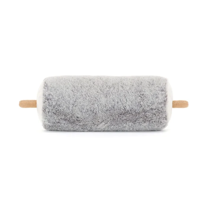 Rear view of Jellycat Amuseable Goat Cheese highlighting its soft fluffy grey finish and wooden ‘stick’ detail.