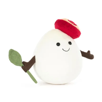 Front view of Jellycat Amuseable Mozzarella with its tomato hat and basil leaf.