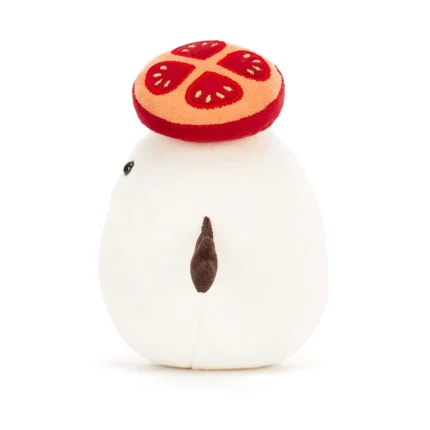 Side view of Jellycat Amuseable Mozzarella showing its tomato slice detail.