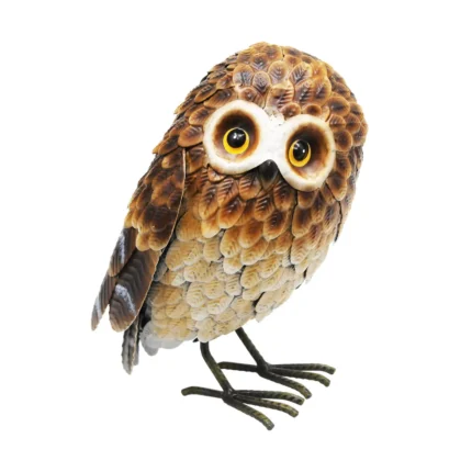 Front view of the Owl Metal Garden Ornament showing its wide yellow eyes and feather-textured body.