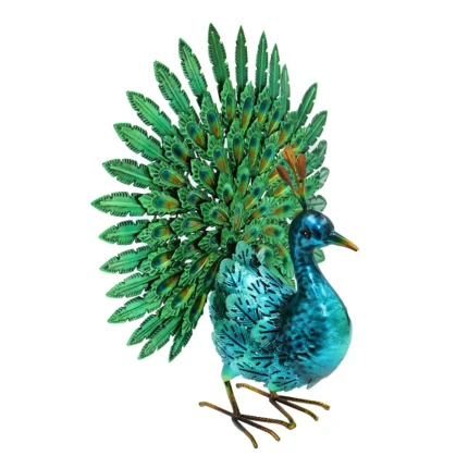 Front view of the Peacock Metal Garden Ornament showing its vibrant turquoise body and fanned tail feathers.