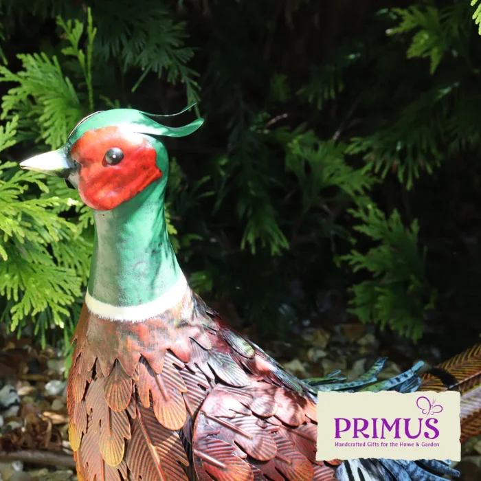 Pheasant Metal Garden Ornament close-up surrounded by green garden foliage, highlighting its red and green head detail.
