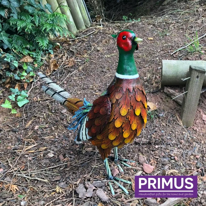 Pheasant Metal Garden Ornament positioned outdoors with vibrant tail feathers and textured detail.