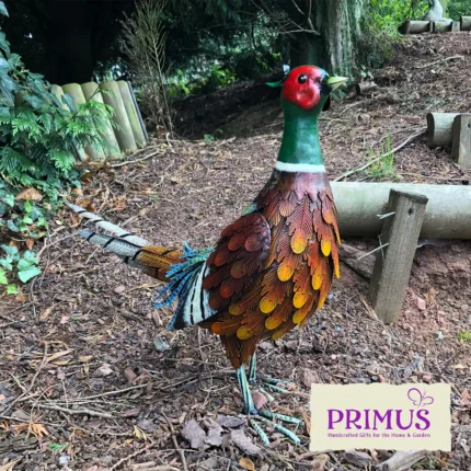 Pheasant Metal Garden Ornament displayed on woodland ground with foliage and timber edging.
