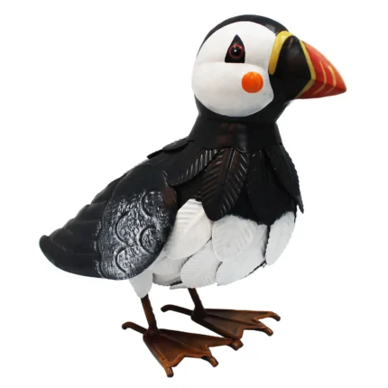 Front view of the large Puffin Metal Garden Ornament showing its vibrant beak, layered feather detailing, and standing pose.
