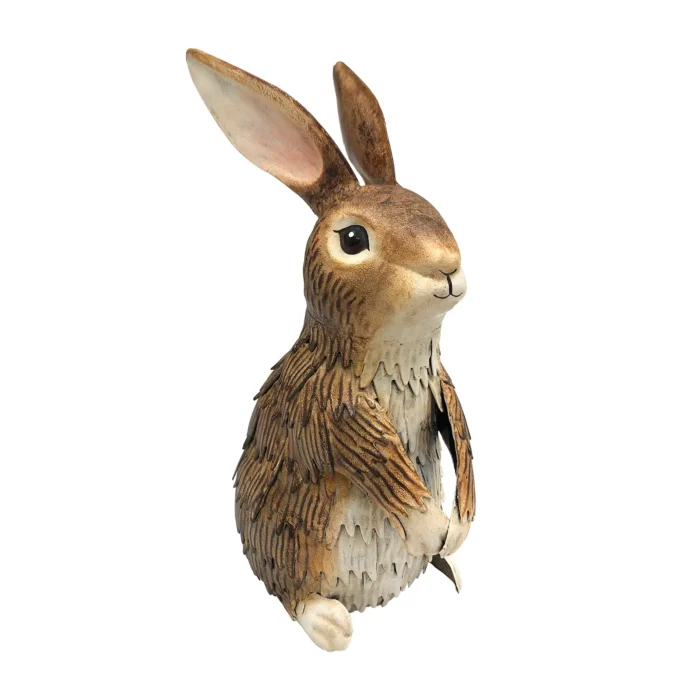Front view of the Rabbit Metal Garden Ornament featuring textured brown fur and upright ears.