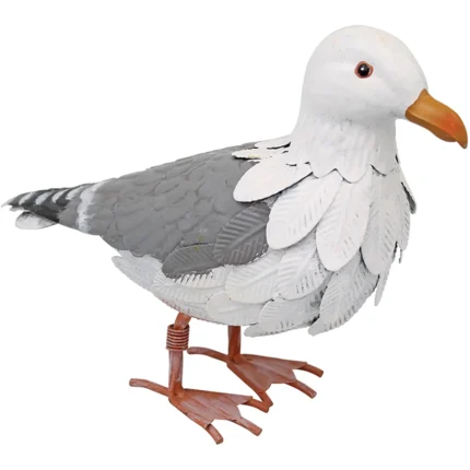 Front view of the Seagull Metal Garden Ornament showcasing detailed grey and white feather textures with an orange beak.