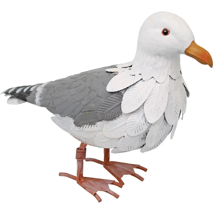 Front view of the Seagull Metal Garden Ornament showcasing detailed grey and white feather textures with an orange beak.