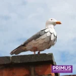 Seagull Metal Garden Ornament perched on a brick wall with the sky in the background.
