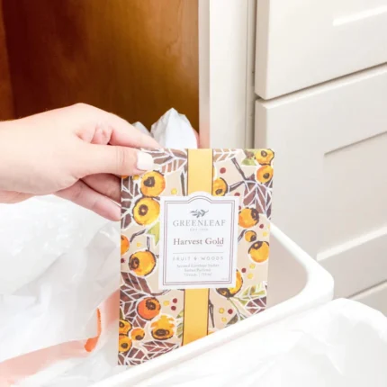 Greenleaf Harvest Gold Scented Sachet displayed in a drawer with linens.
