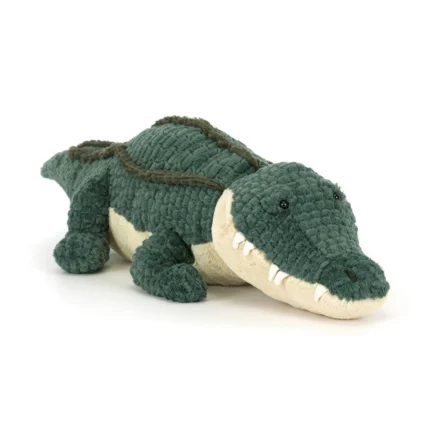 Front view of Jellycat Allexi Alligator, lying flat with textured green plush, a cream snout, and stitched teeth.