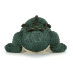 Rear view of Jellycat Allexi Alligator, showing his coiled tail and ridge details from head to tail tip.