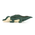 Side view of Jellycat Allexi Alligator, showcasing his long tail, ridged back, and soft green-and-cream body.
