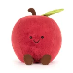 Alternative front view of Jellycat Amuseable Apple, with cordy brown feet, stitched smile, and cheerful leaf-topped design.