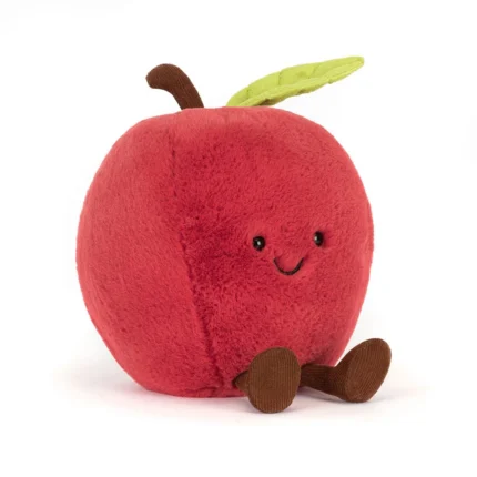 Front view of Jellycat Amuseable Apple, featuring a round red apple plush with a smiley face, brown cordy legs, and a soft green leaf.