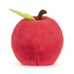 Rear view of Jellycat Amuseable Apple, highlighting the plush red body and leaf detail at the top.