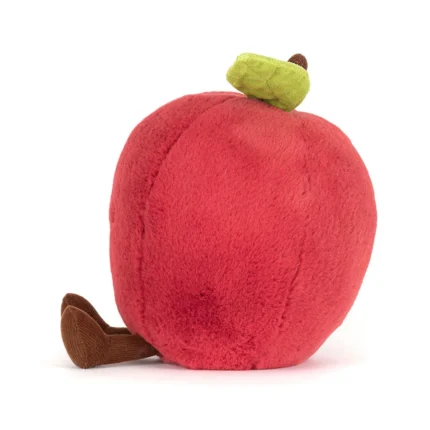 Side view of Jellycat Amuseable Apple, showing the soft plush surface, curved brown stalk, and angled green leaf.
