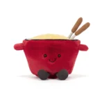 Alternative front view of Jellycat Amuseable Cheese Fondue, focusing on its friendly stitched expression, corduroy legs, and classic fondue design.