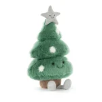 Front view of Jellycat Amuseable Christmas Tree, featuring fluffy green branches with white pom-pom decorations and a sparkly silver star on top.