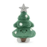 Alternative front view of Jellycat Amuseable Christmas Tree, with a smiling face, silver feet, and festive fuzzy white baubles.