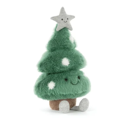 Front view of Jellycat Amuseable Christmas Tree, featuring fluffy green branches with white pom-pom decorations and a sparkly silver star on top.