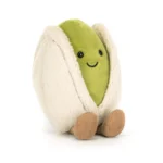 Front view of Jellycat Amuseable Horatio Pistachio, featuring a smiling green pistachio seed nestled inside a soft beige shell.