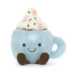 Alternative front view of Jellycat Amuseable Hot Chocolate With Marshmallows, with cordy brown legs, a cheerful face, and two smiling marshmallows on top.