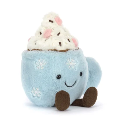 Front view of Jellycat Amuseable Hot Chocolate With Marshmallows, featuring a smiling blue mug filled with fluffy hot chocolate and two plush marshmallows.