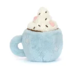 Rear view of Jellycat Amuseable Hot Chocolate With Marshmallows, highlighting the round blue mug and fuzzy chocolate filling.