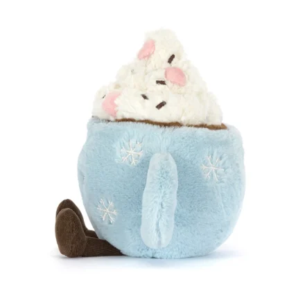 Side view of Jellycat Amuseable Hot Chocolate With Marshmallows, showing the soft blue handle and marshmallows peeking over the rim.