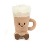Alternative front view of Jellycat Amuseable Latte, with a sweet embroidered face, soft coffee tones, and fluffy whipped cream on top.