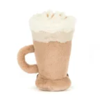 Rear view of Jellycat Amuseable Latte, highlighting the curved handle and velvety tan plush texture.
