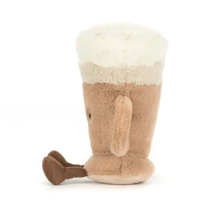 Side view of Jellycat Amuseable Latte, featuring the plush beige handle and fluffy whipped topping in a tall mug design.