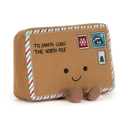 Front view of Jellycat Amuseable Letter To Santa, featuring a smiling envelope with colourful stitched stamps and candy cane striped trim.