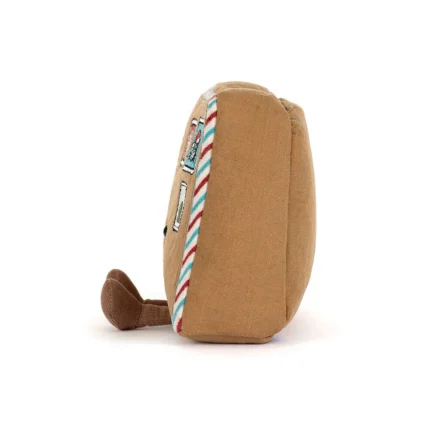 Side view of Jellycat Amuseable Letter To Santa, highlighting its plump, plush shape and embroidered stamp details.