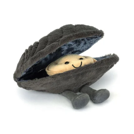 Front view of Jellycat Amuseable Michelle Mussel, showing a smiling mussel nestled in a charcoal grey plush shell with cordy feet.