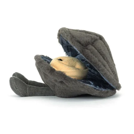 Side view of Jellycat Amuseable Michelle Mussel, revealing the soft curve of the shell and the golden mussel face peeking out.