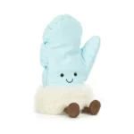 Front view of Jellycat Amuseable Mitten, showing its sky blue mitten shape, stitched smiley face, fluffy cream cuff, and brown cordy legs.