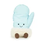 Alternative front view of Jellycat Amuseable Mitten, with a clear look at the friendly face, sky blue body, and seated pose.