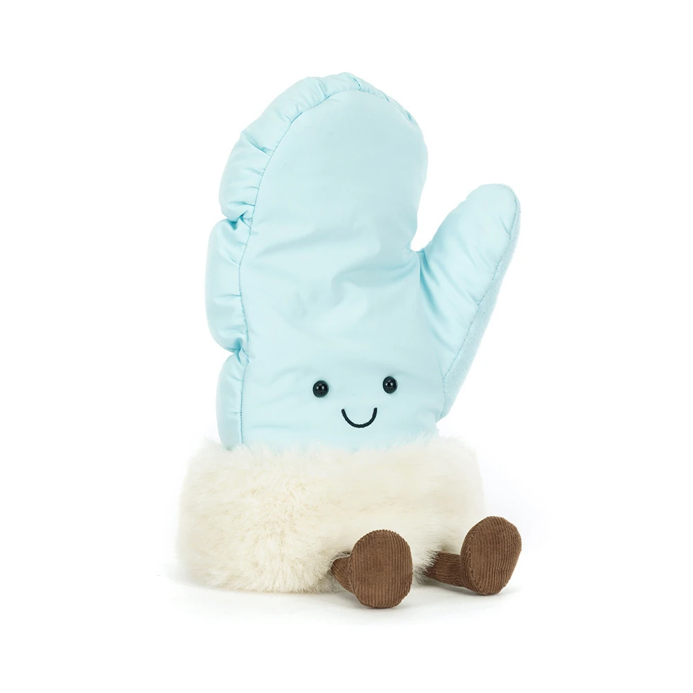 jellycat-amuseable-mitten-front Front view of Jellycat Amuseable Mitten, showing its sky blue mitten shape, stitched smiley face, fluffy cream cuff, and brown cordy legs.