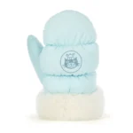 Rear view of Jellycat Amuseable Mitten, featuring the stitched Jellycat logo on the back and plush cream cuff.