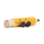 Front view of Jellycat Amuseable Pencil, showing the smiling plush pencil with soft yellow fur, pink eraser, and cordy brown legs.