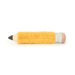 Rear view of Jellycat Amuseable Pencil, displaying the length of the fluffy yellow pencil body with grey ferrule and pink eraser.