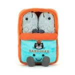 Alternative front view of Jellycat Amuseable Sardine Tin, with grey cordy feet, embroidered cat logo, and two smiling sardines inside.