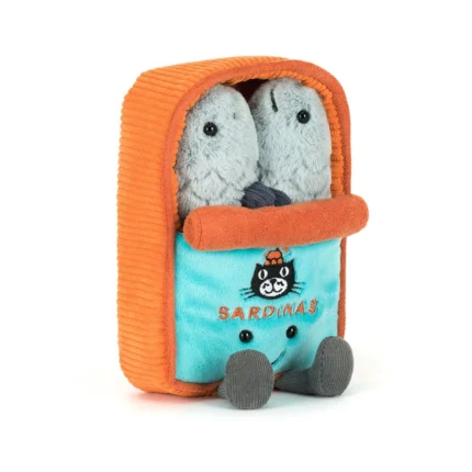 Front view of Jellycat Amuseable Sardine Tin, featuring two plush sardines in a turquoise can with orange trim and a smiling embroidered label.