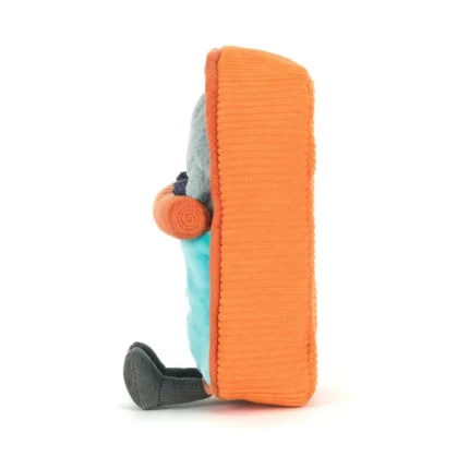 Side view of Jellycat Amuseable Sardine Tin, showing the soft orange cord sides and one plush sardine peeking from the top.
