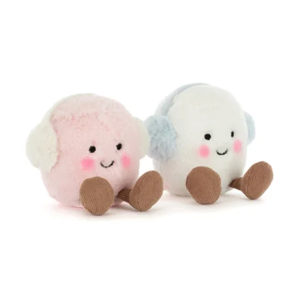Front view of Jellycat Amuseable Toastie Pink and White Marshmallows, showing their cheerful faces, blushing cheeks, and soft earmuffs.